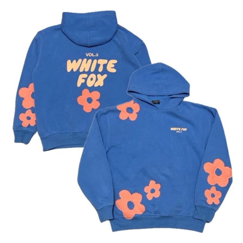 White Fox Upcycled Blue Flower Patchwork Hoodie – Small Medium